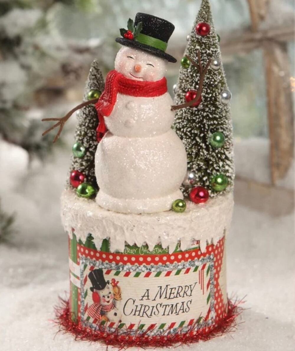 Bethany Lowe Retro Snowman On Box Christmas Decor Vintage Inspired NEW